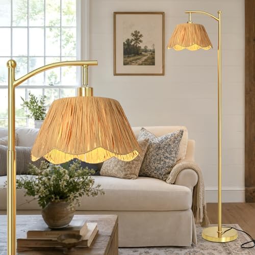 Cinyirong 62.5" Rattan Arc Floor Lamp with 3 Color Temperatures, Boho Hand Woven Shade Standing Floor Lamp, Gold Metal Base Foot Switch Farmhouse Tall Corner Reading Lamp for Living Room Bedroom - Image 2