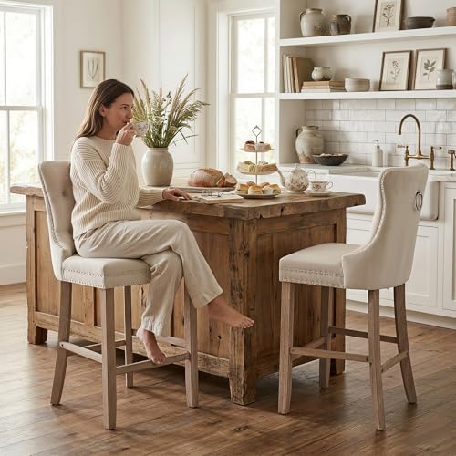 SoarFlash Modern Velvet Upholstered Bar Stools Set of 2 with Wood Legs, Button Tufted,Chrome Nailhead, Counterstool Seat, Armless Bar Chairs (Beige) - Image 3