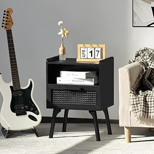 Lerliuo Rattan Nightstands Set of 2, Boho Side Table with Drawer Open Shelf - Image 2