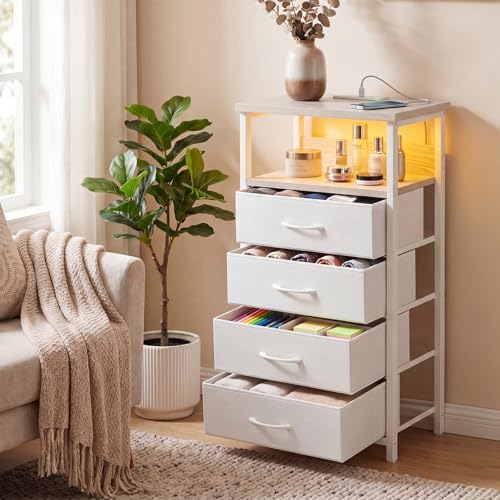 Fixwal Night Stand with Charging Station, White Led Nightstand, 4 Drawers - Image 6