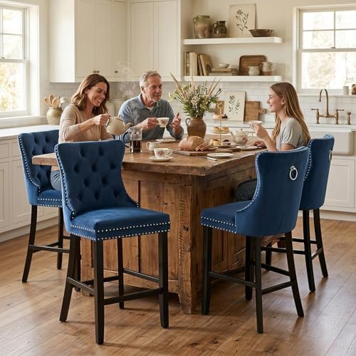 SoarFlash Modern Velvet Upholstered Bar Stools Set of 6 with Wood Legs, Button Tufted,Chrome Nailhead, Counterstool Seat, Armless Bar Chairs (Blue) - Image 3
