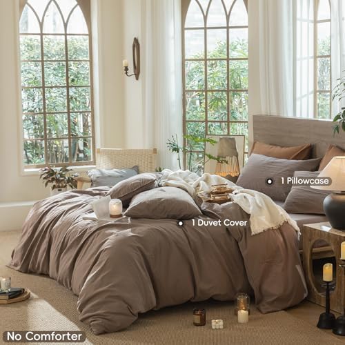 MooMee Wavy Striped Duvet Cover Set 100% Washed Cotton Linen Like Textured Breathable Durable Soft Comfy (Brown, Twin 68"x90") - Image 2
