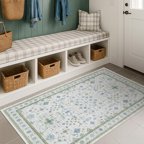 Blue and Green Washable Rugs 3x4 - Vintage Boho Floral Pastel Cream, Washable Low Pile Non Slip Small Throw Accent Area Rug for Bathroom, Door Mat Indoor Entrance, Kitchen, Bedroom Beside Bed Decor by HazoHaus