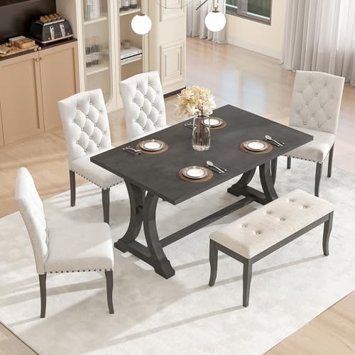 Harper & Bright Designs Classic and Traditional Style 6 - Piece Dining Set, Includes Dining Table, 4 Upholstered Chairs & Bench(Antique Gray1) - Image 7