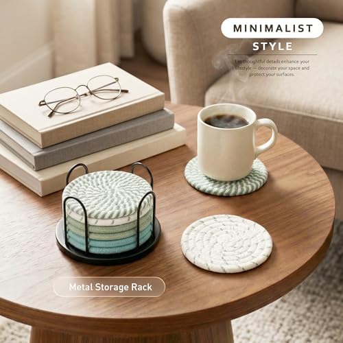 Lazebox Coasters Set of 8 for Drinks, 4 Inch Large Coasters for Coffee Table, Tabletop Protection for Hot & Cold Drinks, Versatile Coasters for Home Decor, Non-Slip & Easy to Clean, Mint Green - Image 2