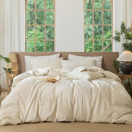 MooMee Striped Duvet Cover Set 100% Washed Cotton Linen Like Cal King by MOOMEE