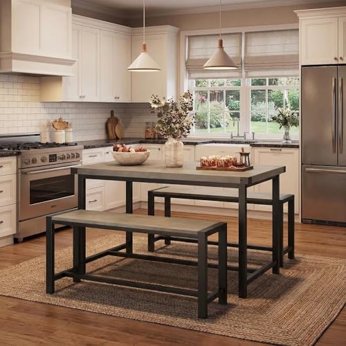 GarveeHome Dining Table Set for 4, Kitchen Table with 2 Metal Wood Benches, Rectangular Room Dining Table Set, 3 Piece Farmhouse Kitchen Table Set for Small Space, Apartment, Studio, Rustic Gray - Image 3