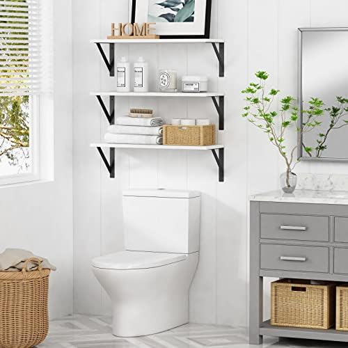 White Floating Shelves 24 inches Long Set of 3, 24 x 8 Inch Bathroom Wall Shelves Over Toilet for Towels, Modern Wood Mounted Storage Shelf for Bedroom Living Laundry Room Kitchen Office Closet - Image 5