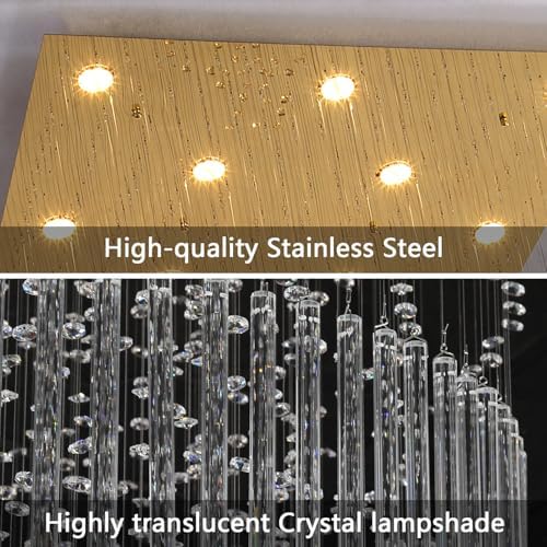 HAIXIANG W40 x H120 Glam Chandelier with LED Bulbs Square Chandeliers, Crystal Raindrop High Ceiling Pendant Light for Entrance Large Villa Foyer Lighting Fixtures Gold - Image 6