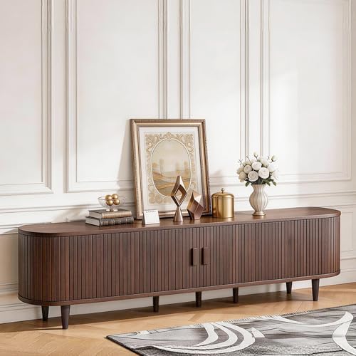 MXV 80" TV Stand with Sliding Doors for Living Room, Mid Century Modern Entertainment Center, TV Console with Fluted Door Cabinets and Power Outlet, Walnut - Image 4