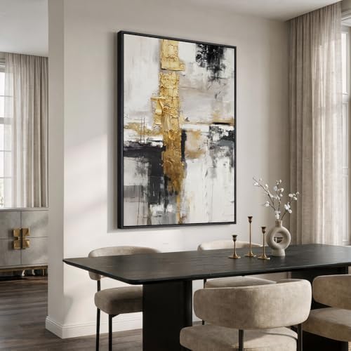 Extra Large Framed Black White Gold Abstract Wall Art, Vertical 40x60 In - Image 3