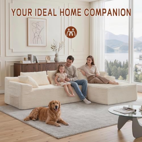 Korser 110" L-Shaped Modular Sectional Sofa with Chaise, Boneless Comfy Corduroy Fluffy Couch with Deep Seat and Side Pockets, Flexible Module Combination for Living Room, No Assembly, Side Pockets - Image 6