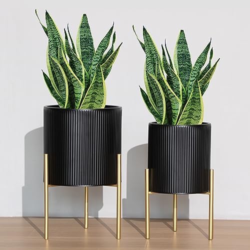 ARNIS Modern Planter Pots, Set of 2 Round Large Planters with Stand, Decorative Planters, Metal Pots with Drainage Holes for Living Room, Office, Garden or Balcony, 8.25 &10.5 Inch, Black & Gold - Image 2