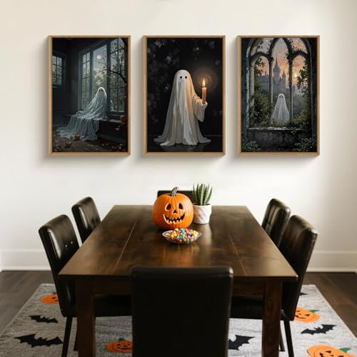 LHIUEM Large Halloween Cute Ghost Framed Canvas Wall Art Set,Vintage Spooky Wall Decor,Retro Dark Prints,Midnight Candle Poster Artwork for Living Room,Bathroom,Dining Room -16"x24"x3 - Image 3