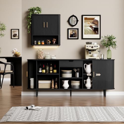 71" Sideboard Buffet Cabinet with Storage,Large Credenza with Sliding Doors and 1 Drawer,Mid Century Modern Coffee Bar Cabinet with Adjustable Shelves for Dining Room, Kitchen, Living Room (Black) - Image 7