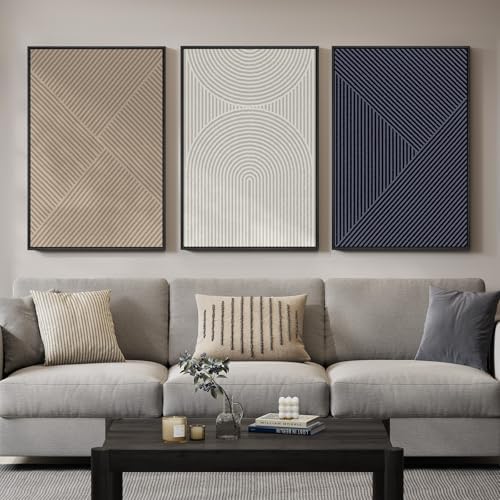 Large Framed Beige Blue Abstract Wall Art for Living Room, 3 Piece 24x36 In by Cuspin