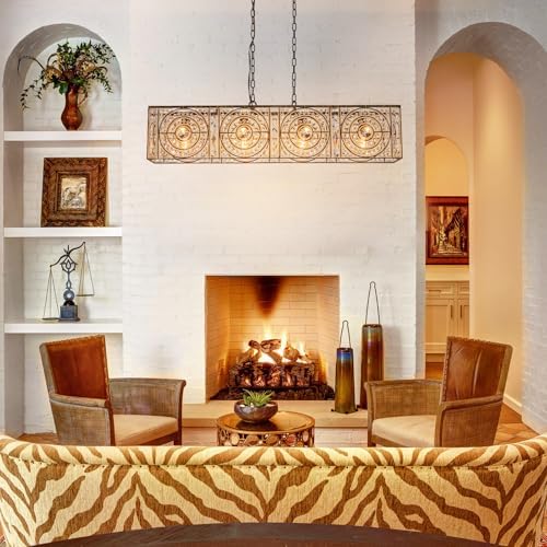 4-Lights Rectangle Crystal Chandelier for Dining Room, 42.12" Vintage Bronze Finish Large Chandeliers for High Ceilings, Flush Mount Pendant Light for Living Room Kitchen Island Bar - Image 5