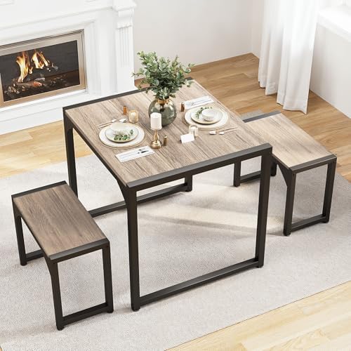Gizoon Square Dining Table Set for 2, Kitchen Table with 2 Benches Grey by Gizoon