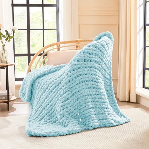 L'AGRATY Chunky Knit Throw Blanket for Couch, 40 x 50 Inches, Light Blue by LAGRATY