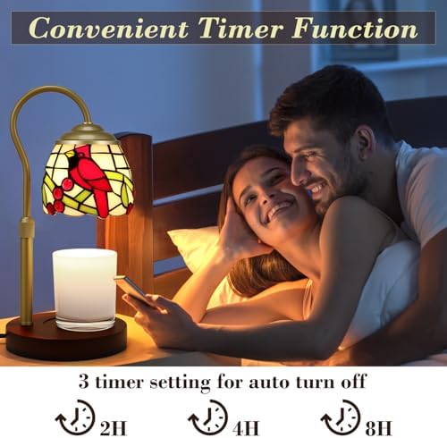 Candle Warmer Lamp with Timer Dimmer, Adjustable Height Candle Warmer for Jar Candles, Birthday Gifts for Women New Home Bedroom Decor Tiffany Red Cardinal Style Stained Glass with 2 Bulbs - Image 2