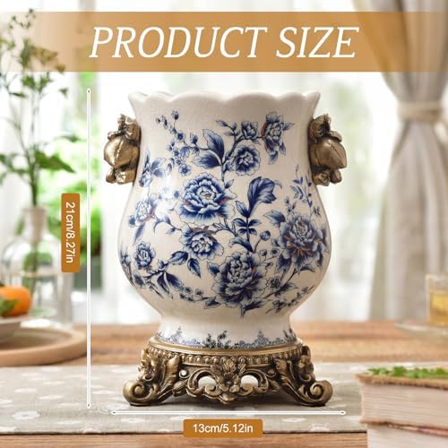 Vintage Blue and White Ceramic Vase with Gold Pedestal, Chinoiserie Floral Urn for Home Decor, 8.3" Antique French Country Retro Ice Cracked Centerpiece for Table, Mantel, and Fresh Flowers - Image 2