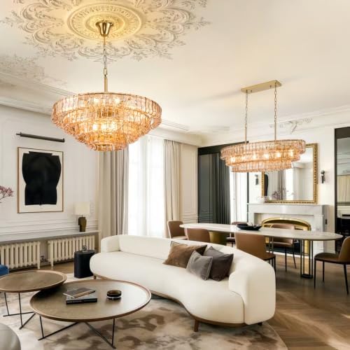 35in Large Chandelier Gold, Modern Dining Room Light Fixtures, 4 Layer Luxury Glass Chandelier 18 Light Chandeliers for Dining Room Kitchen Island Living Room (Amber Glass) - Image 4