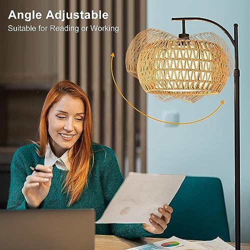 Arc Floor Lamps for Living Room Rattan Boho Floor Lamp with Remote Control,Dimmable LED Floor Lamps Wicker Lamp Shades Black Standing Lamp with 3 Color Temperature Tall Floor Lamp For Bedroom Corner - Image 4