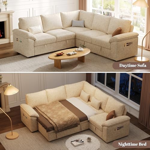 85'' Modular Sectional Sofa with Pull Out Bed, Sleeper Sofa, Beige - Image 4