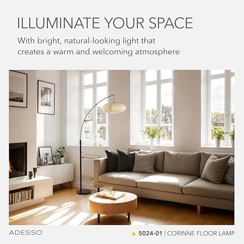 Adesso Floor Lamp, Black & Off-White Paper, Overhead Light, 80” - Image 2