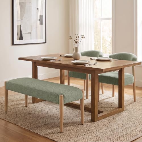 VKNOW Upholstered Dining Room Set for 4, Mid-Century Modern Dining Chairs Set of 2 and Dining Bench with Rubberwood Legs, for Dining Room, Living Room, Kitchen, Green by VKNOW