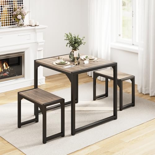 Gizoon Square Dining Table Set for 2, Kitchen Table with 2 Benches Grey - Image 3