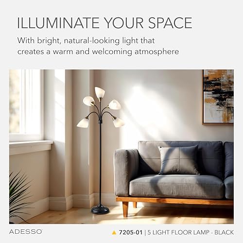 Adesso 5-Light Floor Lamp, Black, Movable Shades, Adjustable, 67” - Image 2