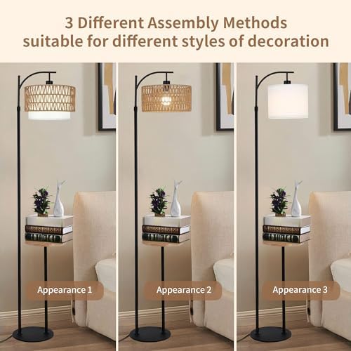 ZECOXOL Arc Floor Lamp with Table and Shelves,Rattan Boho Floor Lamp with Remote Control,Rustic Floor Lamps for Bedroom Wicker Standing Lamp with 3 Color Temperature Tall Lamp for Living Room Corner - Image 3