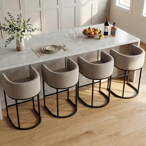 Counter Height Bar Stools Set of 4, 24 Inch Seat Height Barstools for Dining Room, Fabric Upholstered Bar Chair for Kitchen Island, Linen Counter Stools with Metal Legs, Sand by KRAMZMINGQualityHome