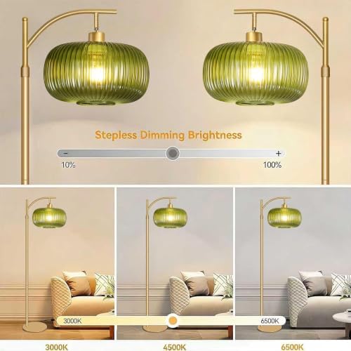 Green Floor Lamp for Living Room, Modern Glass Standing Lamp with Remote, Dimmable Brass Tall Lamp Retro Vintage Glass Tall Lamp Floor Light Boho, 12W LED Bulb Included - Image 6