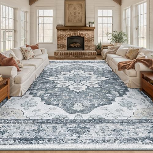 RELEANY Washable Area Rug, Large 10'x14', Grey/White/Beige - Image 2
