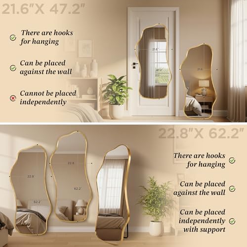 Mirror Full Length - Irregular Full Body Mirror Standing or Leaning or Wall Hanging 62.2"x 22.8" Asymmetrical Aviation Aluminum Alloy Frame Unique for Bedroom, Living Room, Cloakroom, Entryway - Image 6