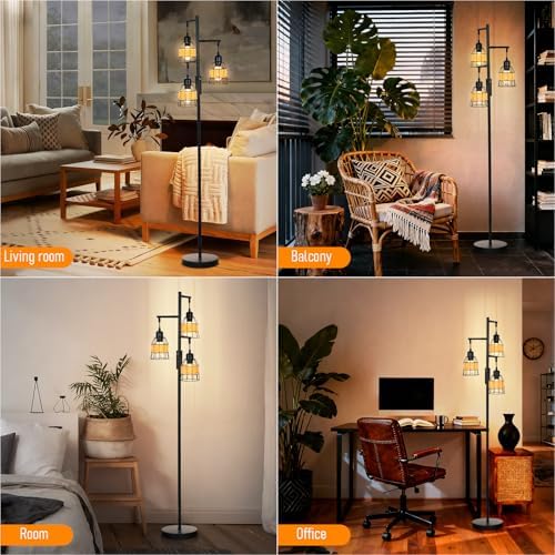 Rattan Boho Rechargeable Cordless Floor Lamp with Remote Dimmable 3 Bulb Edison E26 Brown Warm Light Vintage Standing Lamp for Bedroom,Outdoor,Living Room Rustic,Patio,Farmhouse,60.6" Black - Image 6
