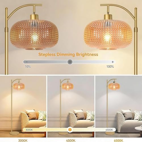 Glass Floor Lamp for Living Room, Modern Standing Lamp for Bedroom, Dimmable Tall Lamp with Shade, Remote,12W LED Bulb Included (Gold+Amber) - Image 3