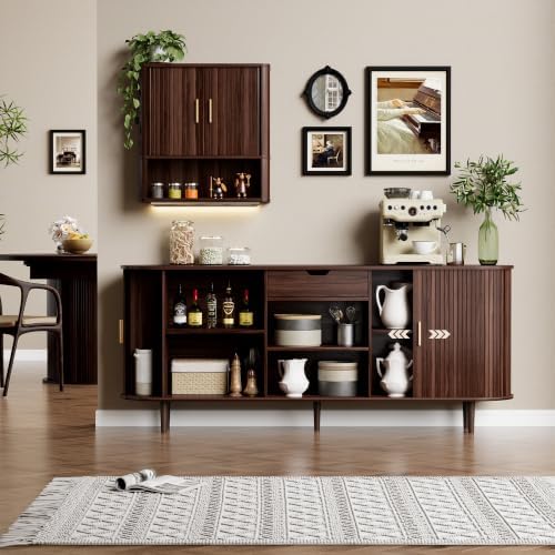 71" Sideboard Buffet Cabinet with Storage,Large Credenza with Sliding Doors and 1 Drawer,Mid Century Modern Coffee Bar Cabinet with Adjustable Shelves for Dining Room, Kitchen, Living Room (Walnut) - Image 7