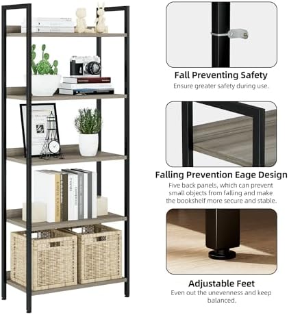 NUMENN Bookshelf, 5 Tier Freestanding Shelving Unit, Grey - Image 6