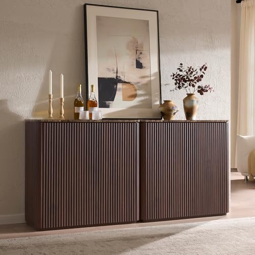 34" Fluted Sideboard Cabinet with Storage, Modern Buffet Cabinet, Dark Oak by DelArk