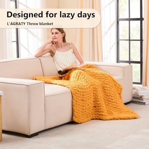L'AGRATY Chunky Knit Throw Blanket for Couch, 40 x 50 Inches Mustard Yellow - Image 2