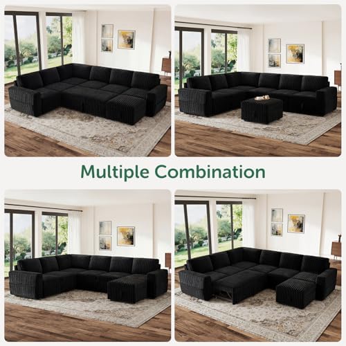 HONBAY Modular Sectional Sleeper Sofa with Pull Out Bed,Corduroy U Shaped Couch with Storage, Sectional Couches for Living Room,Black - Image 6