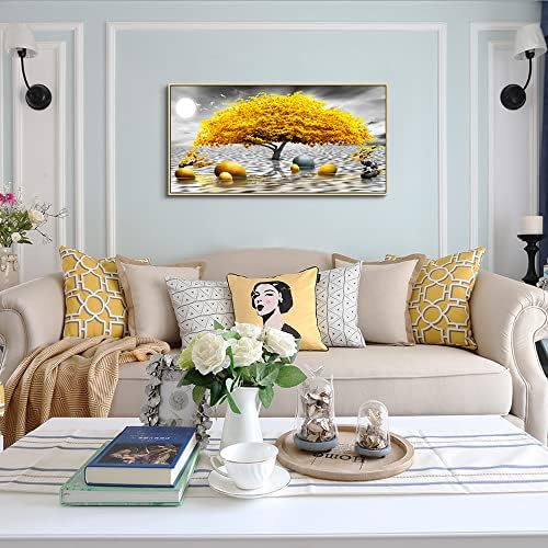 Framed Canvas Wall Art For Living Room Large size Boho Wall Decor For Bedroom Black And White Wall Pictures Yellow Tree wall Painting Office Wall Decor Home Decoration Natural Wood Framed 20" X 40" - Image 2
