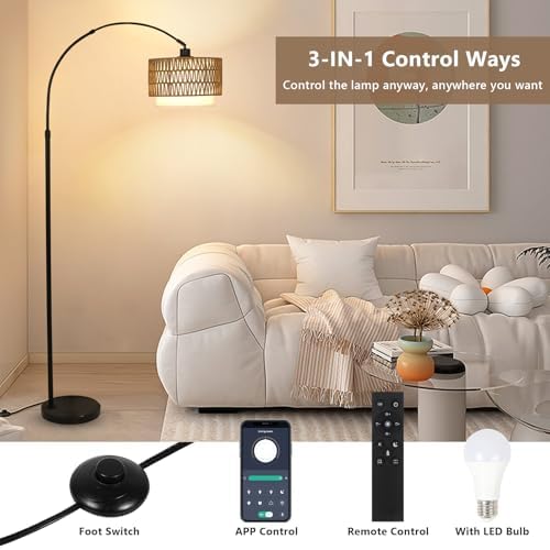 eyassi Arc Floor Lamp with Remote, Modern LED Floor Lamp with Dimmable Bulb, Boho Farmhouse Standing lamp with Fabric & Rattan Lampshades, Height Adjustable Black Tall Lamp for Living Room Bedroom - Image 5
