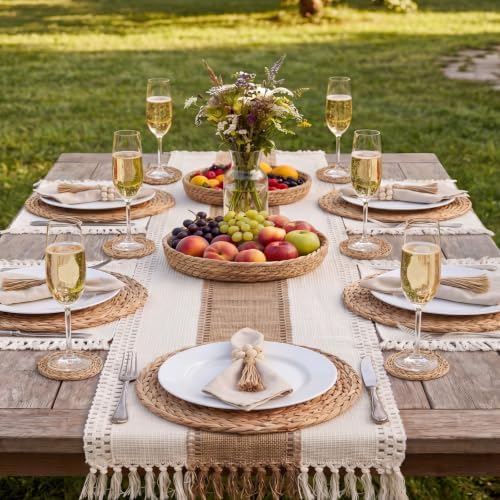 6 Set Boho Table Placemats, Natural Cotton Burlap Woven Mats with Tassels & Bead Napkin Rings, Farmhouse Macrame Table Decor for Autumn Dining, Wedding & Home Use - Image 2