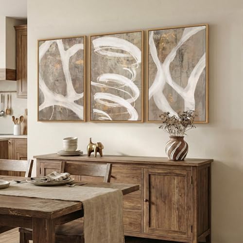 Large Framed Abstract Wall Art, Set of 3, Beige Taupe White, 20x30 In - Image 2