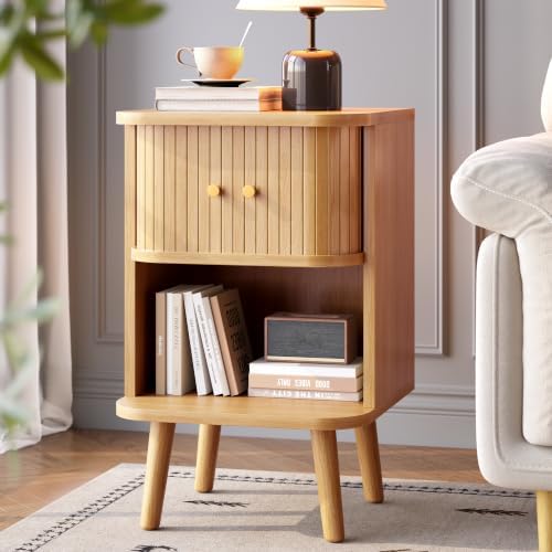 Decofy Fluted Nightstand with Charging Station & Sliding Door, Oak by Decofy