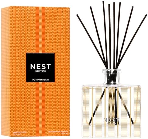 NEST New York Reed Diffuser, Pumpkin Chai - The Fall Collection - 5.9 fl oz - Fragrance for Up to 90 Days - Reusable, Refillable Glass Holder - Includes 8 All-Natural Reed Sticks - Flame Free by Unknown